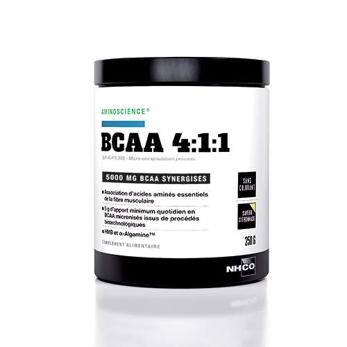 BCAA 411 est une association d’acides aminés essentiels de la fibre musculaire permettant la récupération. Innovation α-Algamine™